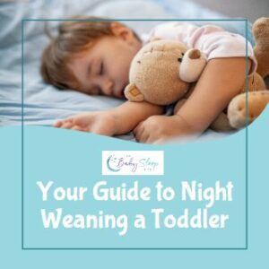 Toddler sleeping in bed while holding a stuffed animal, with text overlay reading ‘Your Guide to Night Weaning a Toddler.