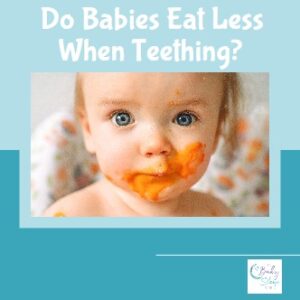 Baby with a closed mouth and baby food on his face, illustrating, Do Babies Eat Less When Teething?